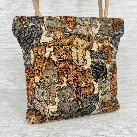 VNTG Tapestry Cat Print Handbag Tote Bag Shoulder Handles Cute Novelty - Picture 1 of 9